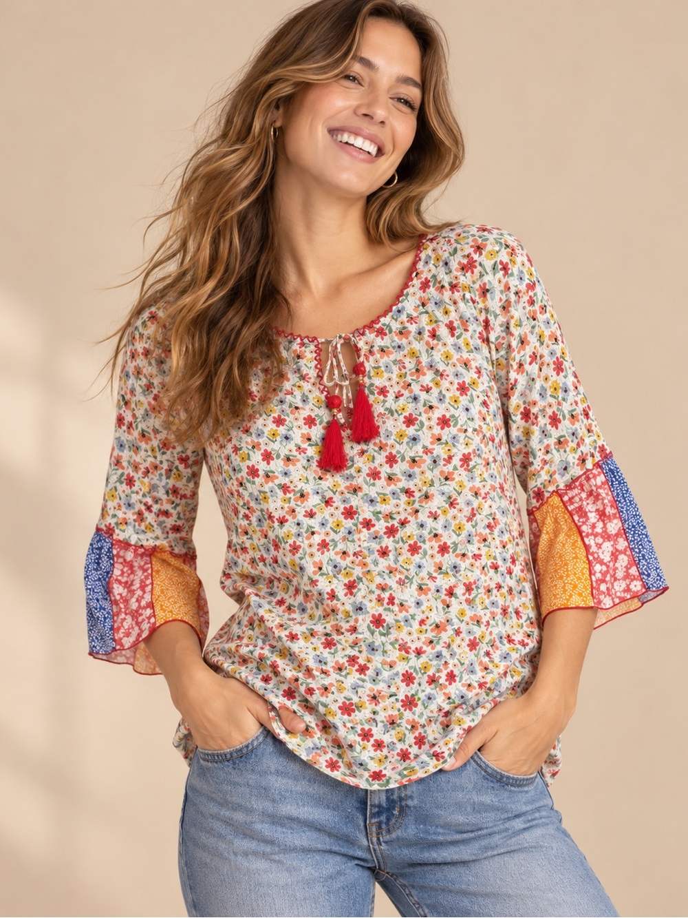 Tru Luxe Jeans Floral Boho Bell Sleeve Tassel Blouse L